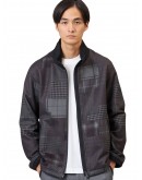 MEN BLACK DOWN FABRIC STAND COLLAR ZIP JACKET