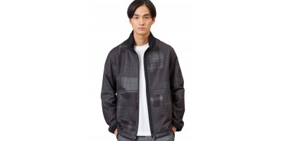 MEN BLACK DOWN FABRIC STAND COLLAR ZIP JACKET